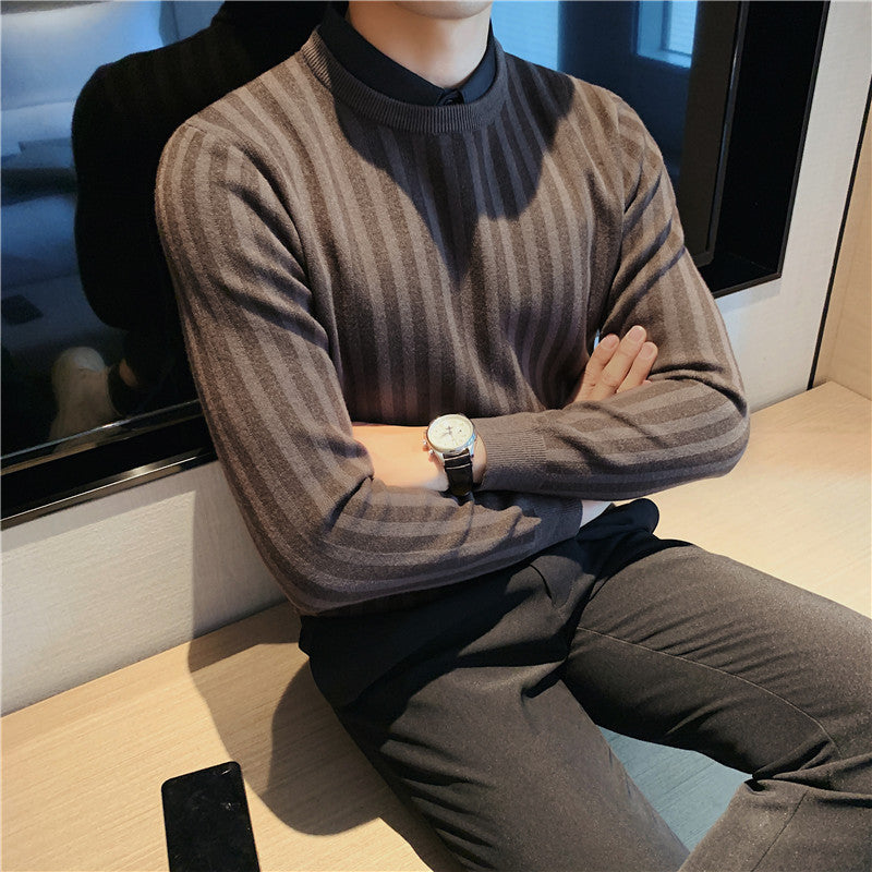 Fake Two-piece Sweater 2022 Autumn Men's Textured Striped Shirt Collar Sweater Pullover Stretch Casual Sweater for Men