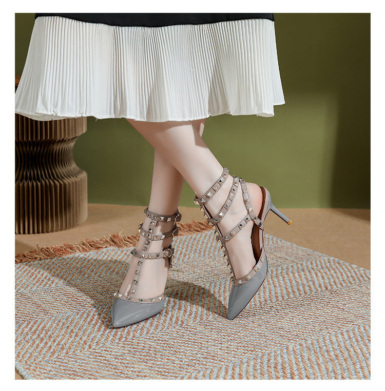 2025 Summer New Pointed Black Rivet High Heels girls Sandals Stiletto Beautiful Nude Shoes Willow Shallow