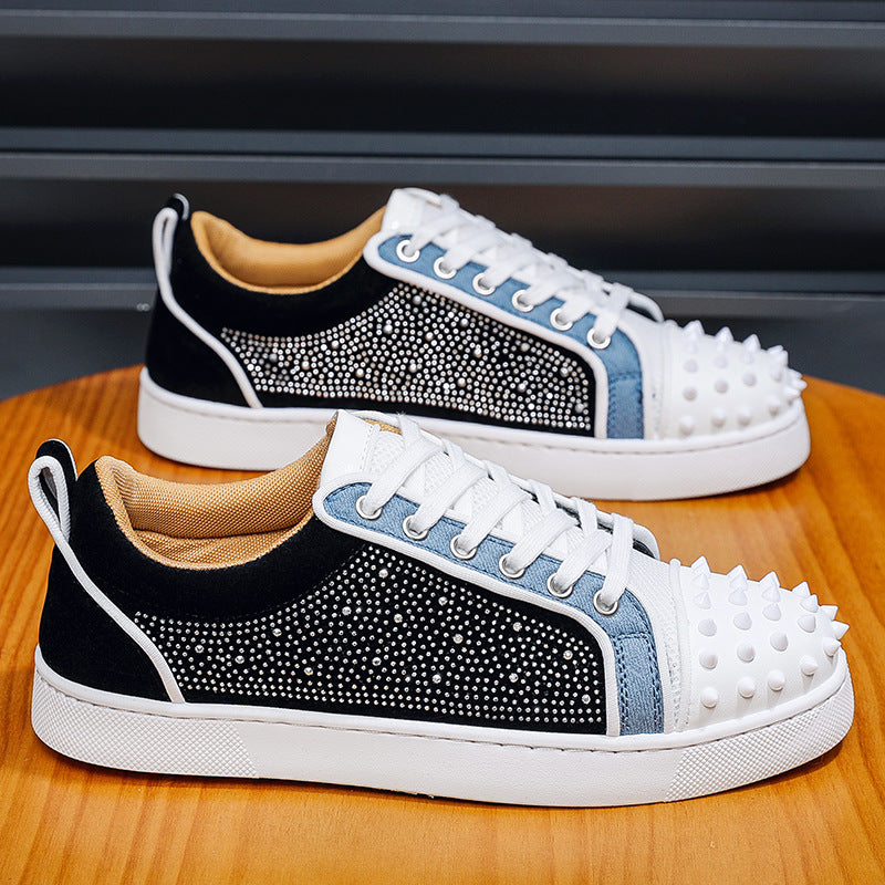 Men's Cl Red-Soled Casual Shoes with Cross-Border Rivets and Rhinestones, Nightclub Internet Celebrity Men's Shoes, Color-Blocking Hip-Hop Sneakers