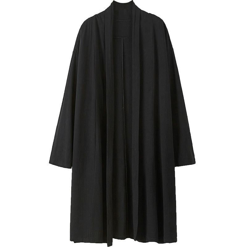 2025 New Autum Chinese Style Men's Stand-Up Collar Mid-Length Buttonless Windbreaker Linen Robe Cloak Jacket