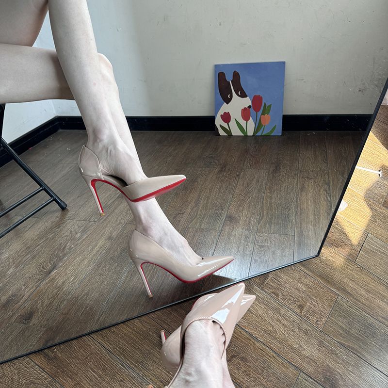 Nude High Heels for Women 2025 New Autumn and Winter Pointed Toe Stiletto Heels with Side Hollows New Elegant New Red Bottom Professional Shoes