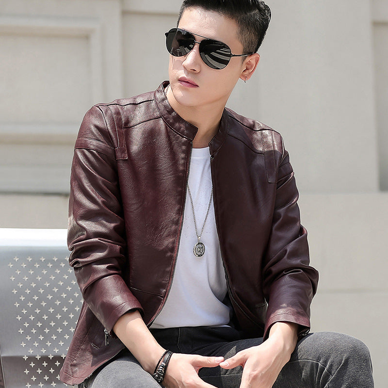 Autumn and Winter 2023 New Leather Men's Coat Fashionable Slim-fit Warm Spring and Autumn Vertical Collar Biker Jacket Men's Jacket