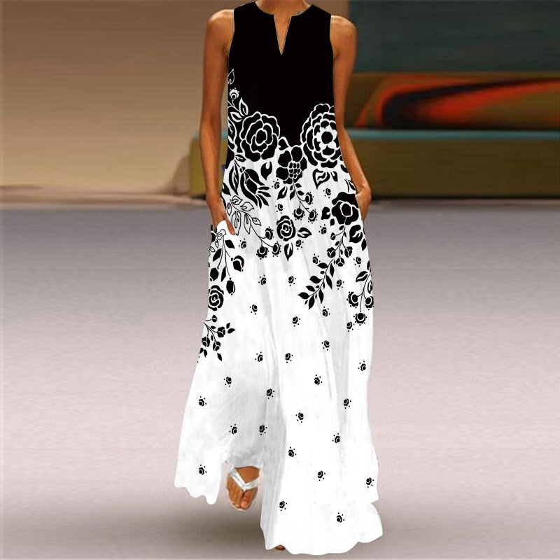 Summer Independent Brand New European and American Retro Print Long Dress V-Neck Multi-Color Long Sexy Sleeveless Dress