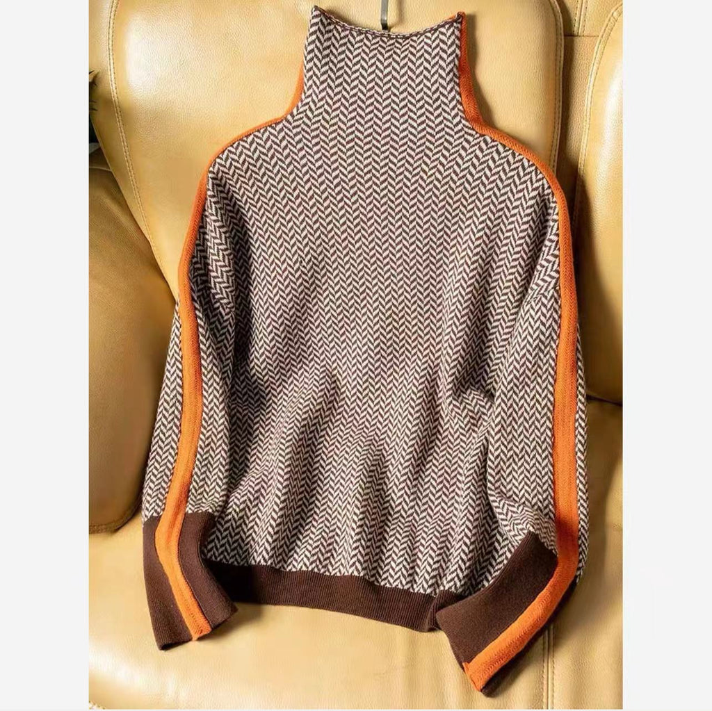 Retro Niche Design Knitwear for Women in Autumn and Winter Loose High-Neck Long-Sleeved Knitwear with Contrasting Color Inner Layering Shirt Top