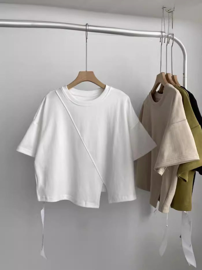 European-Style Regular Shoulder Short-Sleeve T-Shirt for Women, 2026 Summer New Plus-Size Slimming Top for Curvy Women, Tummy-Concealing with Irregular Slit Design