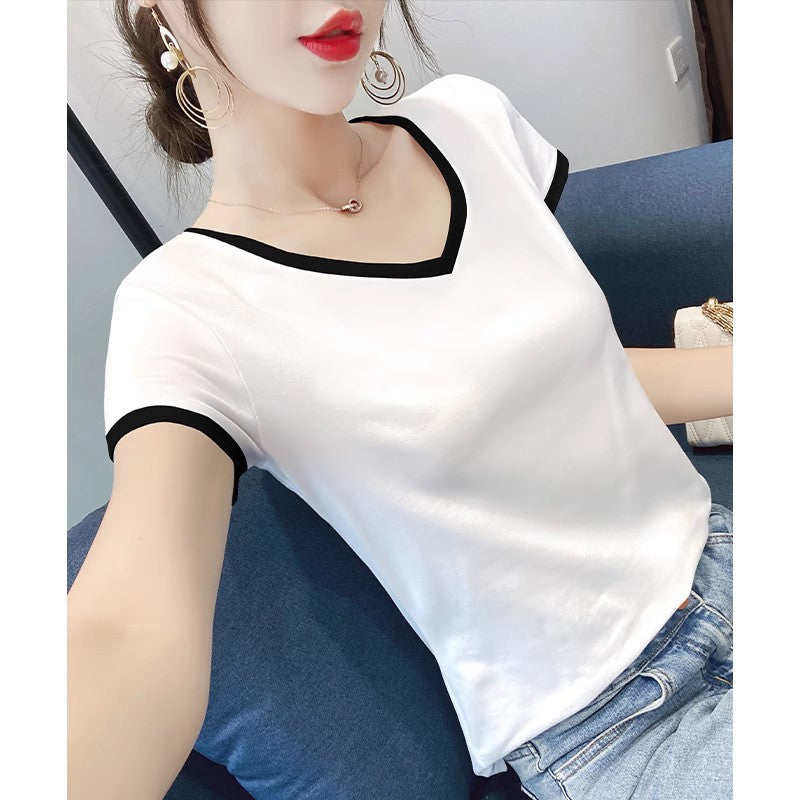 White Short-Sleeved T-Shirt for Women V Neck Stitching Contrasting Color Slim Fit Spring 2025 New Versatile T-Shirt Right Shoulder Tight Top