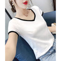 White Short-Sleeved T-Shirt for Women V Neck Stitching Contrasting Color Slim Fit Spring 2025 New Versatile T-Shirt Right Shoulder Tight Top