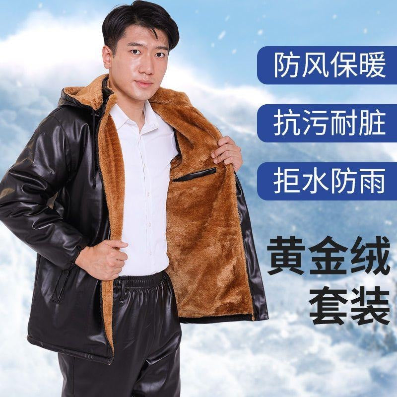 Leather Men's Coat Winter Fleece-lined Thickened Loose Oil-proof Waterproof Take-out Riding Leather Leather Pants Set for Men
