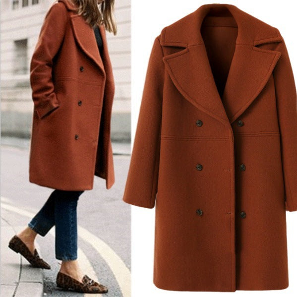 European and American autumn and winter plus size cross-border women's woolen coat women's double-breasted long windbreaker woolen coat wholesale