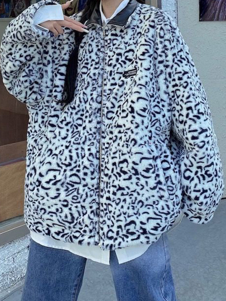 European and American Style 2025 Autumn and Winter New Women's Clothing Reversible Leopard Print Pu Leather Jacket Thickeneded Warm Plush Jacket Wholesale