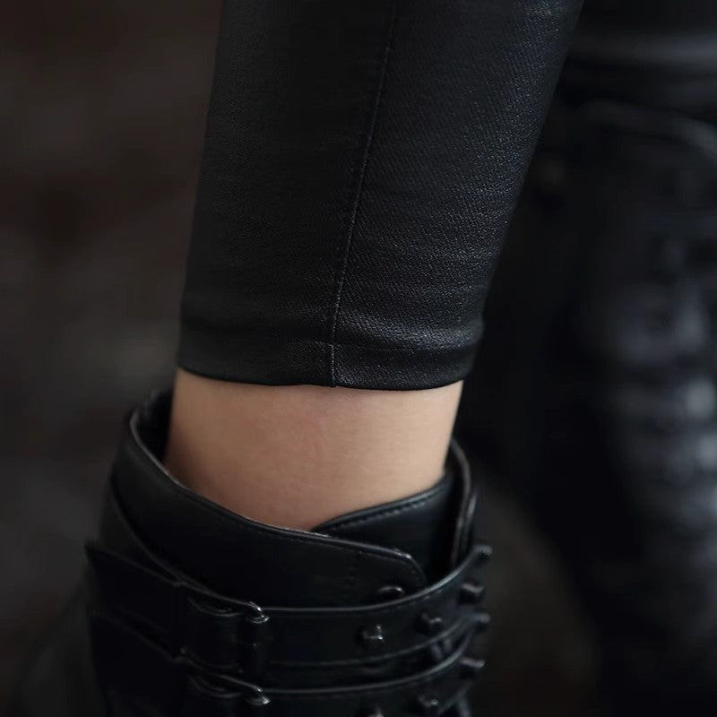 Women's Leather Pants 2025 New High-Waisted Autumn Popular Black Outer Lace Leggings Extra Long Matte Tight-Fitting Small Feet