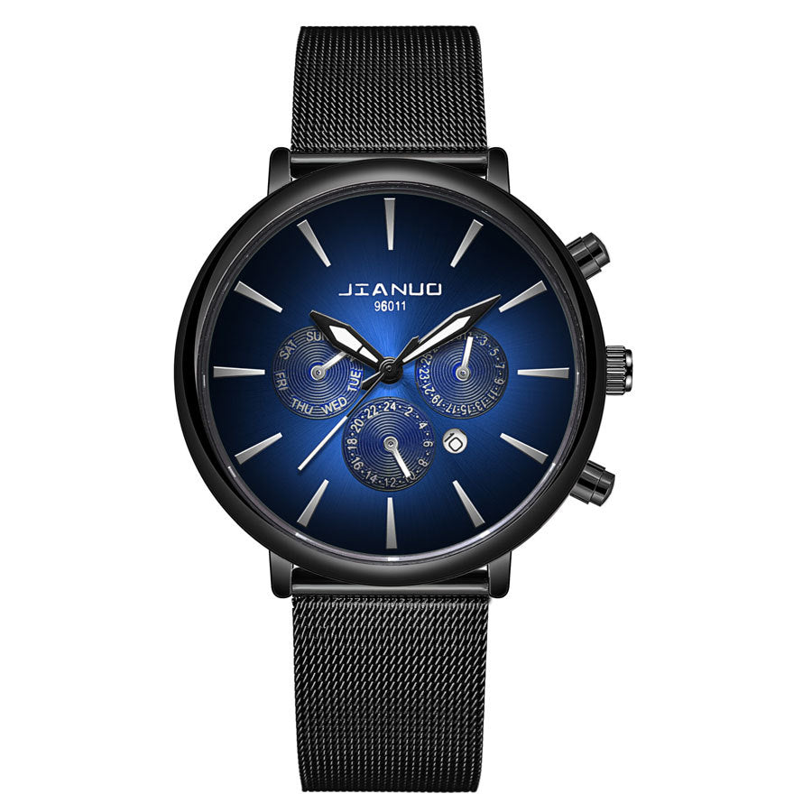 Korean Fashion Men's Mesh Band Watch Fashion Calendar Quartz Watch Business Casual Business Men's Cool Blue Watch