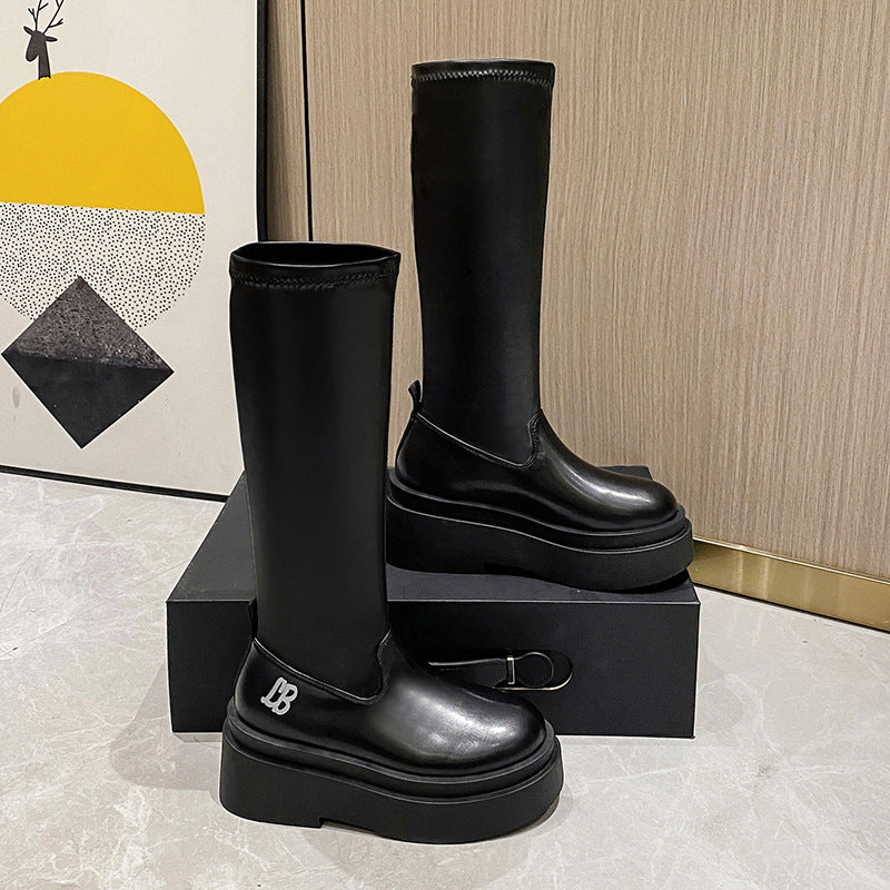 2025 Height-Increasing Thick-Soled Petite Knee-High Boots for Women, Elastic Boots, Slim Boots, Autumn and Winter High Knight Boots