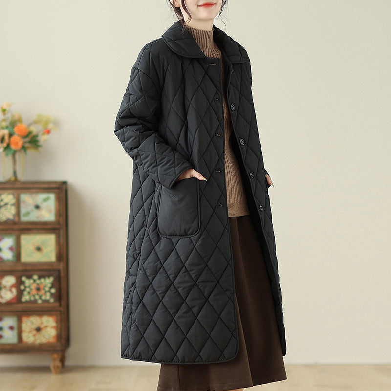 Real shot rhombic over-the-knee cotton-padded jacket women's mid-length loose cotton-padded jacket ins winter clothes slimming all-match cotton-padded jacket