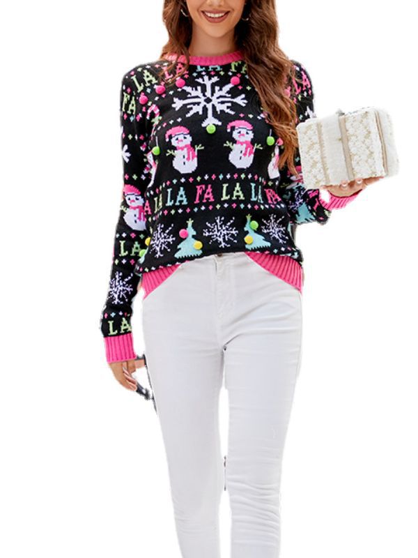 Amazon hot sale European and American heavy industry Christmas sweater women's autumn and winter New round neck snowman Jacquard knitted sweater
