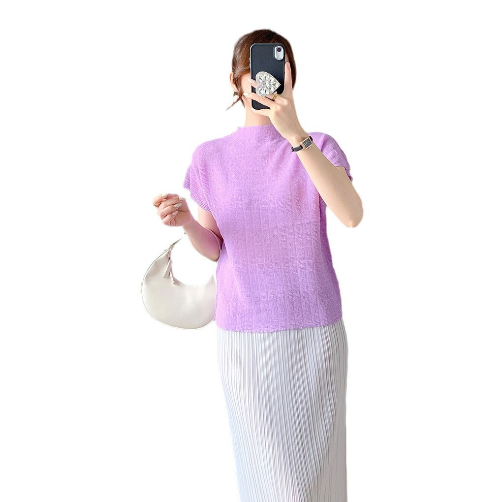 Short-sleeved T-shirt Women's Summer New Clothes All-match High-grade Western-style Small Shirt Unique Chic Pleated Top Thin Women