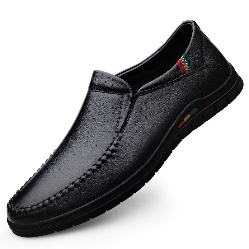 2025 Autumn Men's Slip-On Business Loafers Toe Layer Cowhide Soft Leather Plaid Work Black Leather Shoes