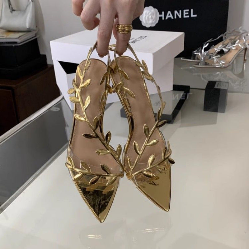 Golden Patent Leather Leaf High Heels Women's 2025 Summer New Arrival Fairy Style Stiletto Heel Pointed Toe Sandals