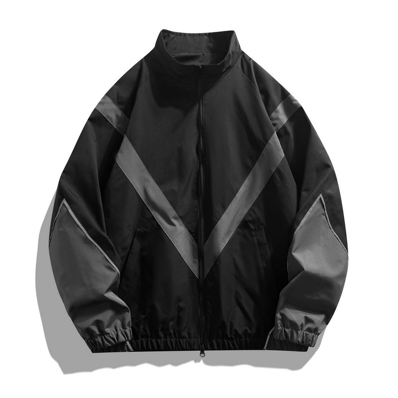 Trendy Brand Reflective Patchwork Stand-Up Collar Jacket Spring and Autumn Loose Sports Casual Jacket for Men