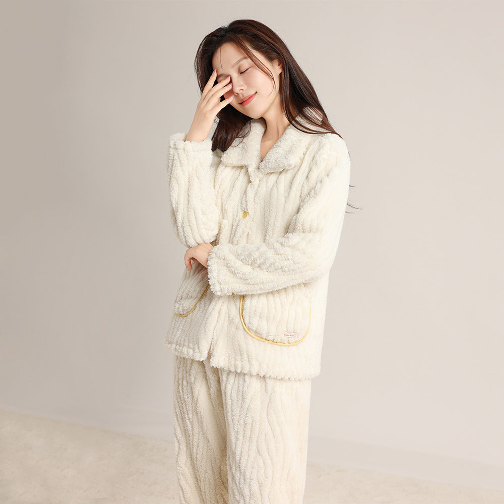Autumn and Winter Thickeneded Warm Square Collar Lapel Pajamas Coral Velvet Cardigan Simple Wearable Home Clothes Couple Set
