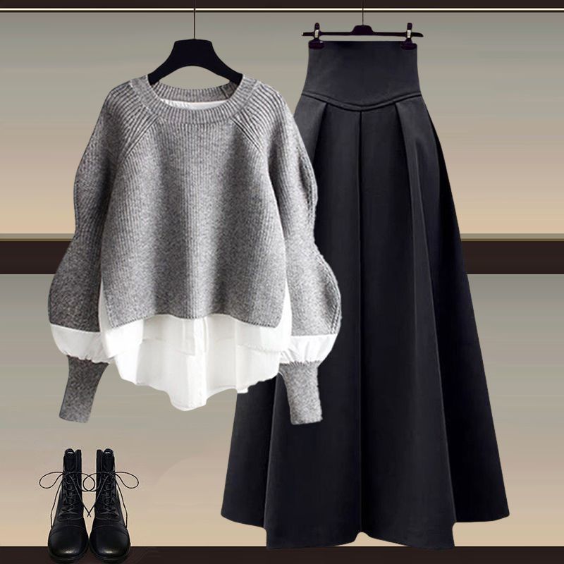 Autumn suit Women's New plus size Women's Fashion Fake Two-piece Top Elegant Slim Skirt Two-piece Set
