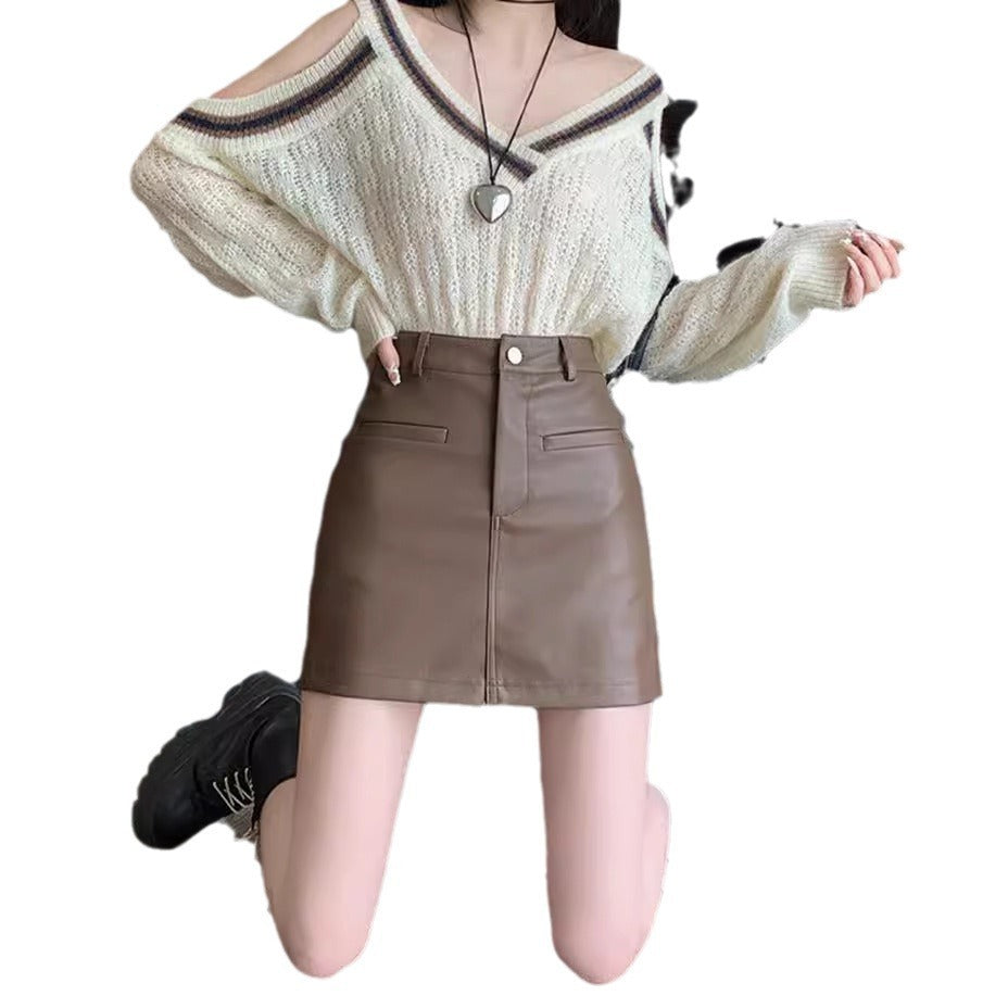 Brown Leather Skirt Hip-Covering Skirt for Women 2025 Autumn and Winter New High-Waisted Large Size Pu Leather Small A-Line Skirt