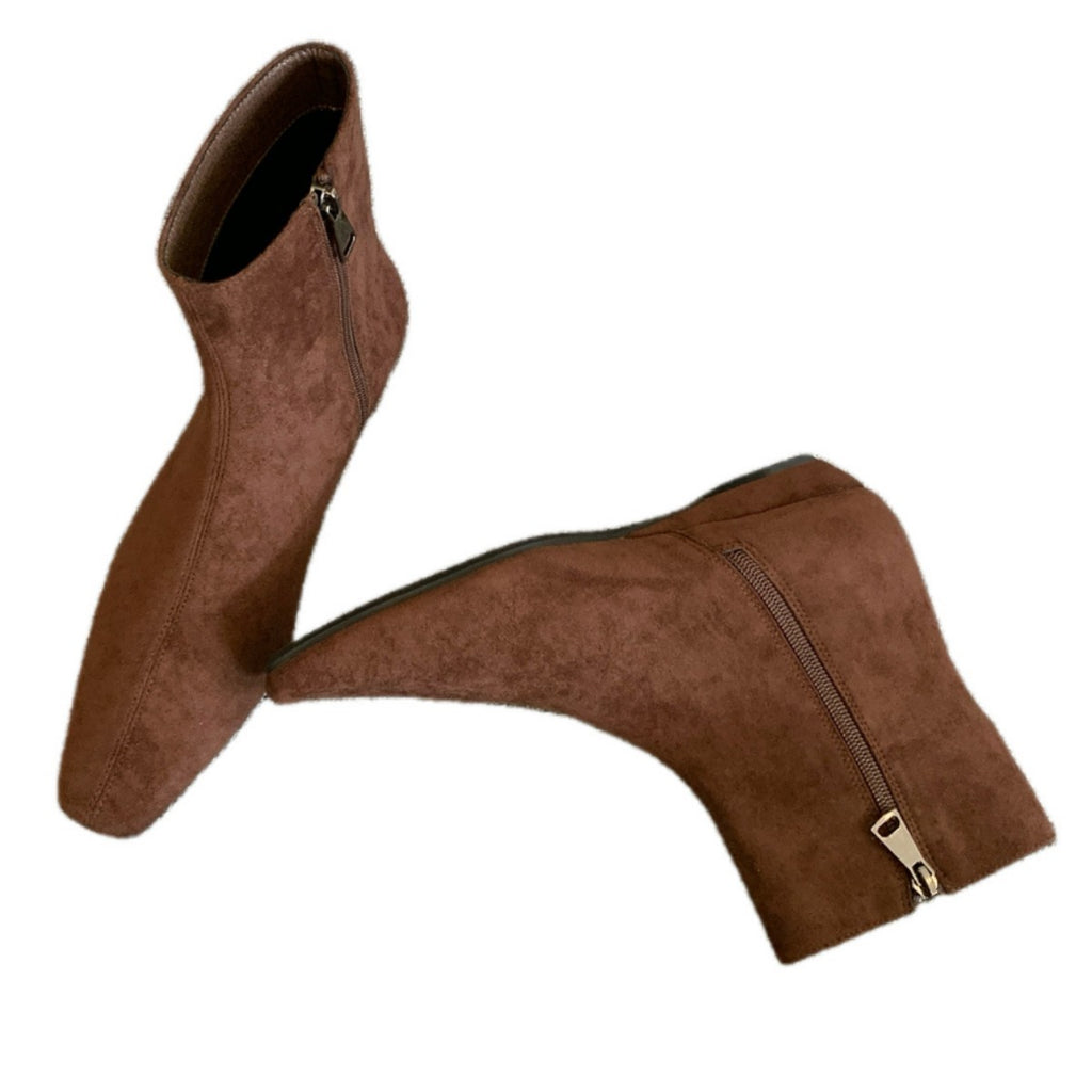 Casual Wedge-Heeled Square-Toe Short Boots for Women, Flats-Soled Autumn and Winter New Styles with Skirts, Short Boots, Versatile Side Zipper Fashion Boots