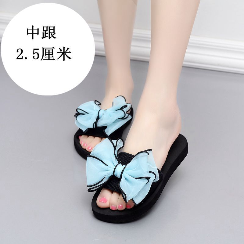 Mid-summer high-heeled slipper butterfly flower women's beach shoes thick-soled sandals and slippers Korean-style non-slip slippers for women