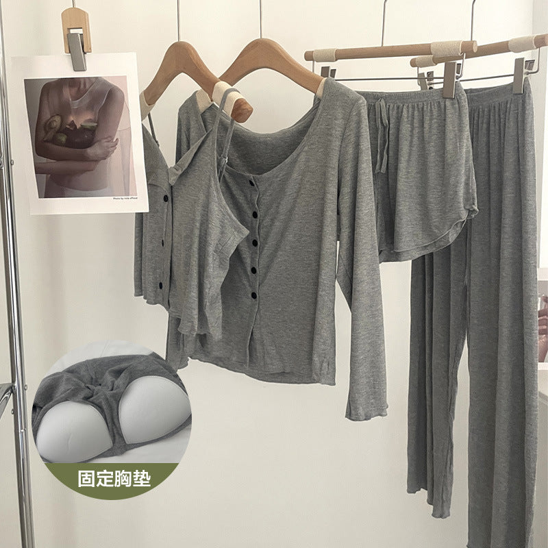 Modal Cotton Pajamas Women's Spring and Autumn Four-piece Suit Sling Trousers with Chest Pad Outfit Summer Home Clothes