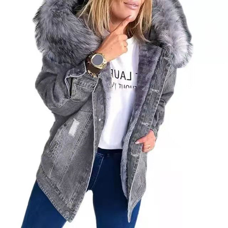 Women Winter Big Size Denim Jacket Ladies Warmth Jeans Coat