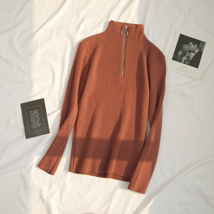 Spring sweater women's semi-high collar ring zipper slim outer wear long sleeve middle collar base sweater sweater top wholesale
