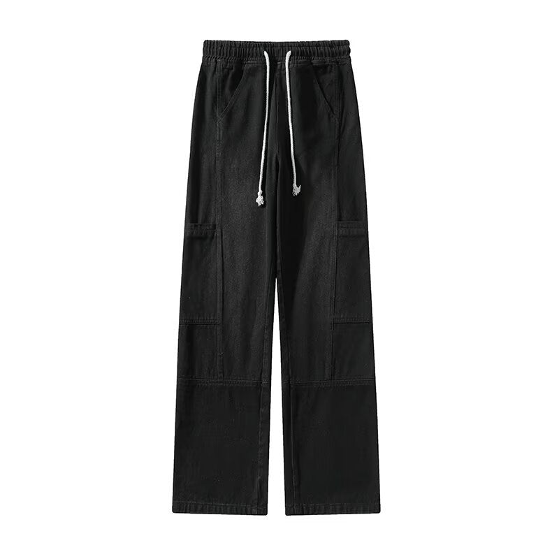 Workwear Jeans Male Teenagers Spring and Autumn Big Pocket Junior Senior high school Students American Casual Elasto Waist Long Pants