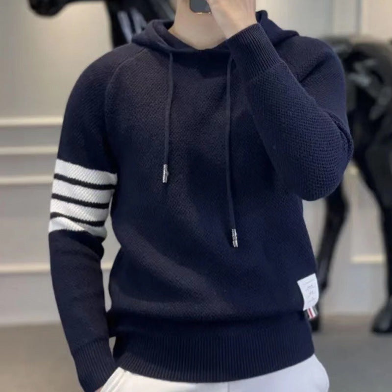 Autumn and Winter Long-Sleeved Contrast Stripesd Hooded Knitwear for Men New Men's Handsome Sweatshirt Trendyy Knitted Knitwear for Men