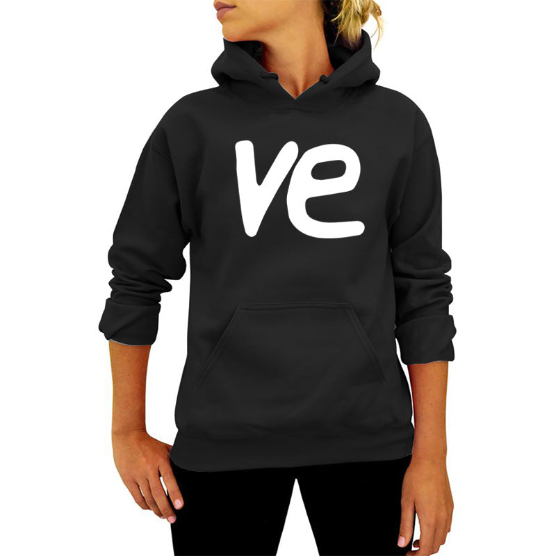 VE Letter Printing Hooded Sweat European and American Women's Autumn and Winter Top Fashion Loose Amazon Foreign Trade Cross-border