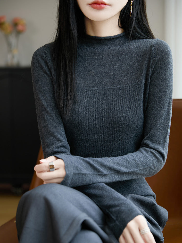 Sweater Women's Autumn and Winter Rolled Edge Half Turtleneck Knitted Sweater Thin Long-Sleeved Knitted Bottoming Shirt Women's Top Cross-Border Sweater