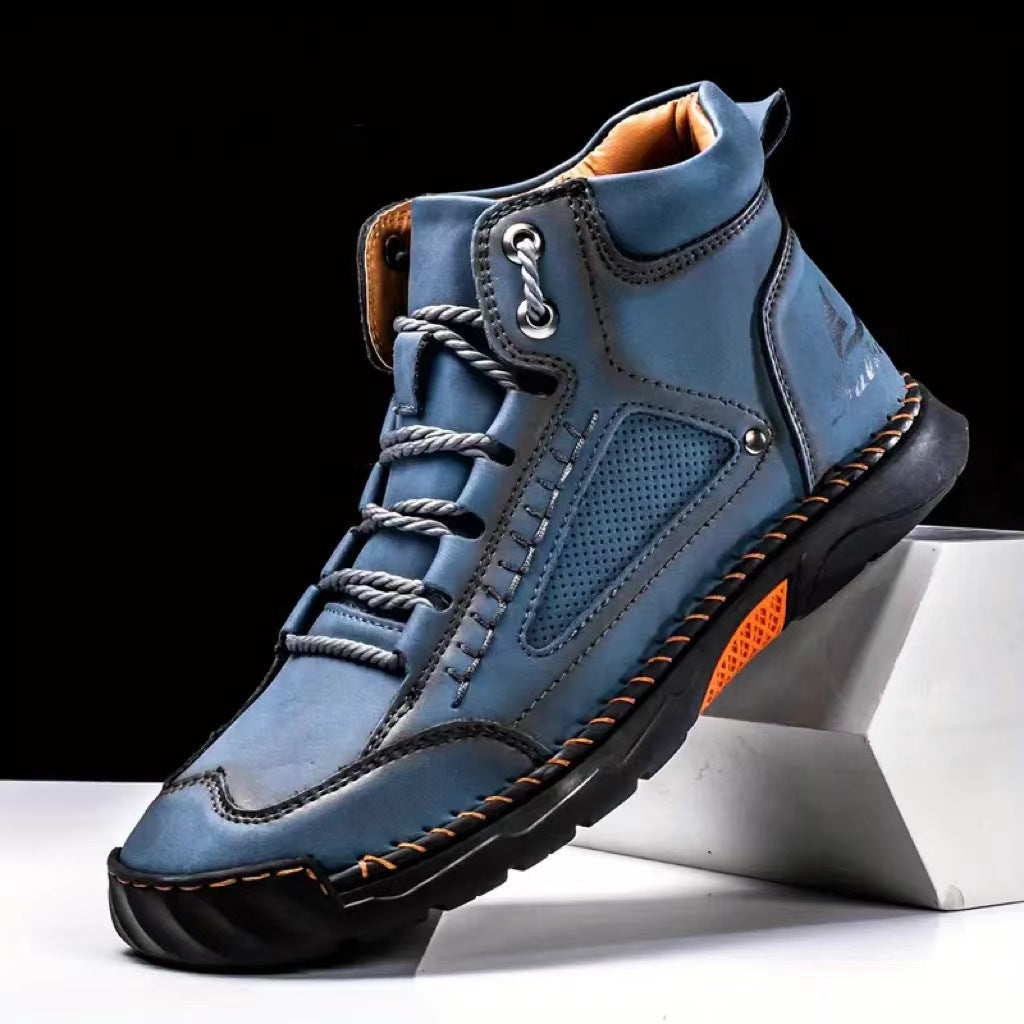 Cross-Border Plus-Size Men's Pu Leather Boots, Men's Fashion Handmade Stitched Ankle Boots, Flat Lace-Up Casual Shoes
