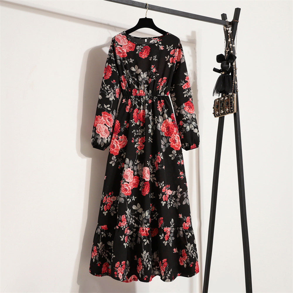 Cross-border Foreign Trade Floral Chiffon Long Dress Women's Spring Dress Long Sleeve Crewneck Base Skirt Waist Slim Long Dress
