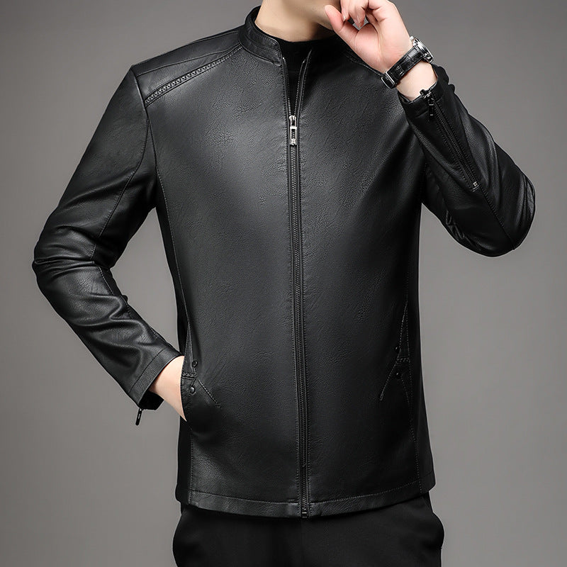 Men's Leather Jacket Men's 2025 Autum New Middle-Aged Fashion Business Stand Collar Fleece-Lined Casual Men's Leather Jacket Jacket