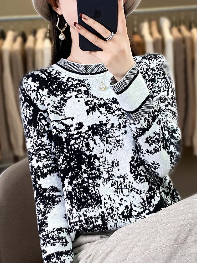 24 spring new semi-high collar women's sweater sweater ink painting pullover loose slim base shirt top women