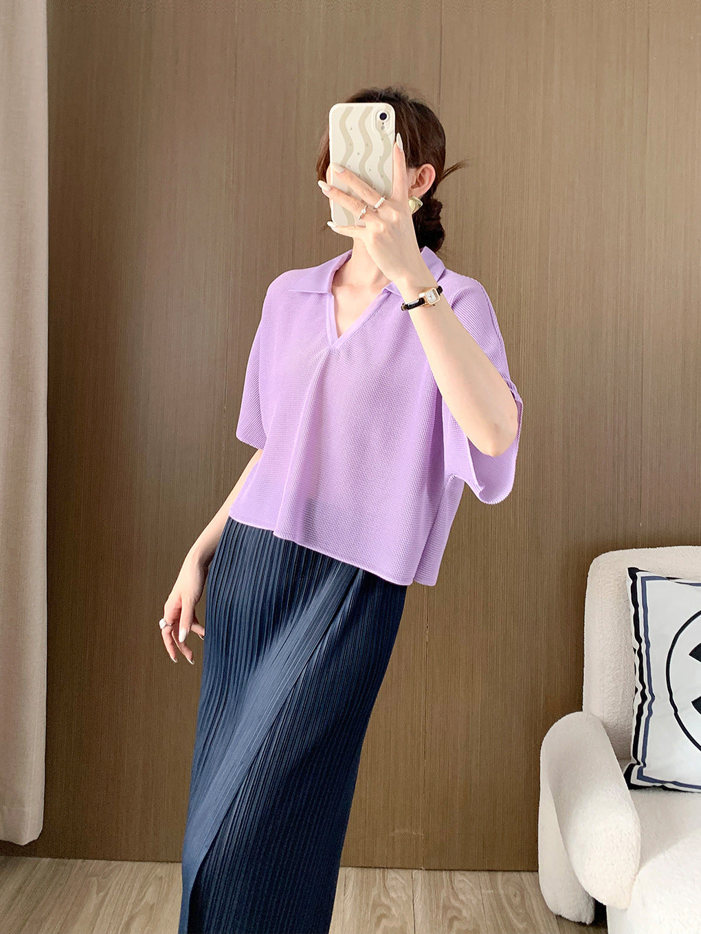 Short-Sleeved T-Shirt for Women Summer New Loose Slimming Look High-Waisted Versatile Polo Shirt T-Shirt Pleated Top Women's Large Size