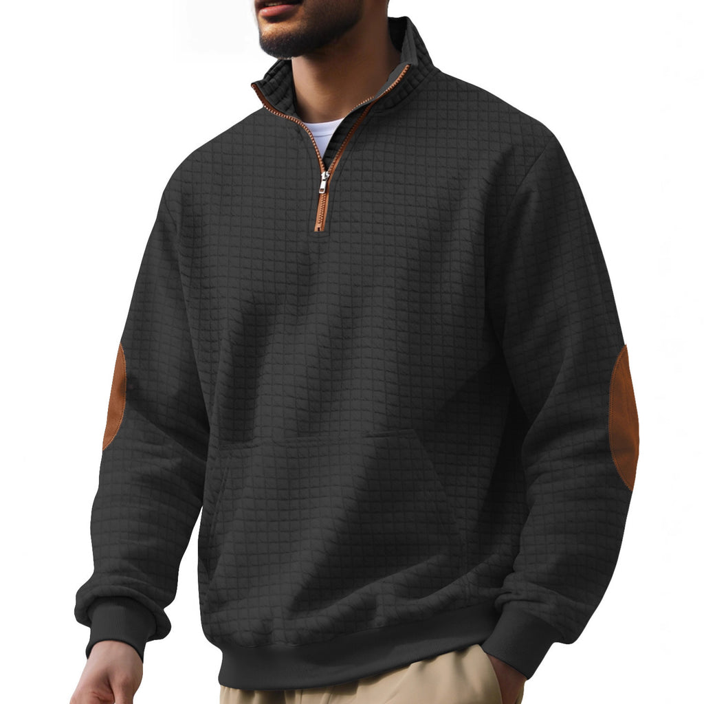European and American Tk Cross-Border Casual Sports Sweatshirt Amazon Jacquard Small Checkered Stand-Up Collar Half-Zip Waffle Knit Top for Men