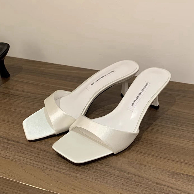 Beautiful One-Line Slippers for Women's Summer Outer Wear 2024 New Satin Brown Elegant Genuine Leather Stiletto Square Toe High Heels