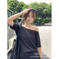 Designed Off-Shoulder Gray Short-Sleeved T-Shirt for Women, Loose Casual Simple Sloping Shoulder Black Top