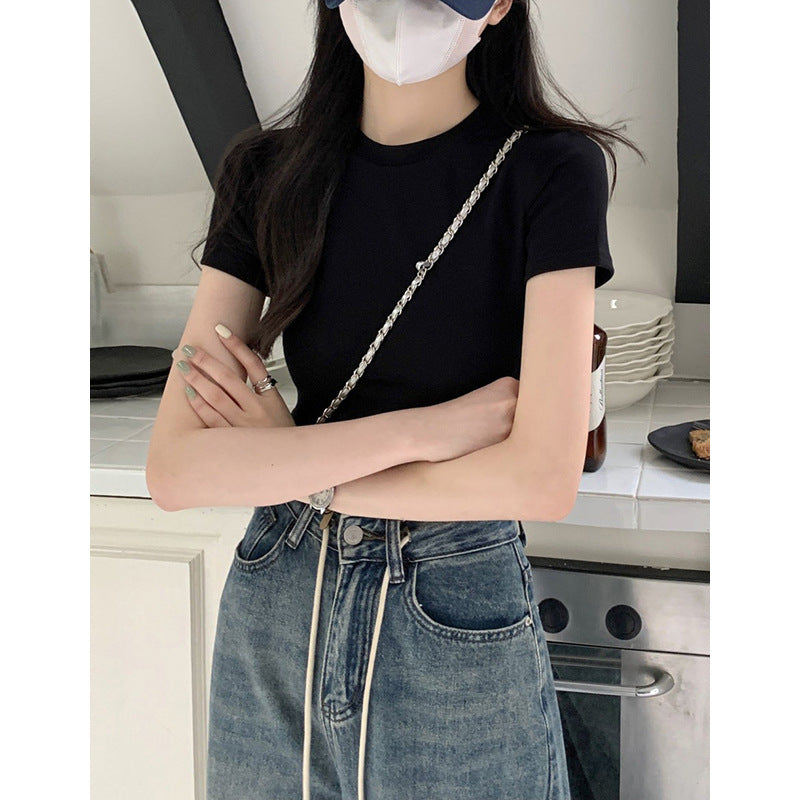Black Straight-Shoulder Round-Neck T-Shirt for Women, Simple Basic Top, Summer Slim-Fit American Style Short-Sleeve Tee