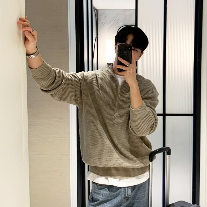 Autumn and Winter Casual Loose-Fitting Regular Half-Turtleneck Zipper Knitwear Men's American-Style Long-Sleeved Knitwear Solid Color Knitwear