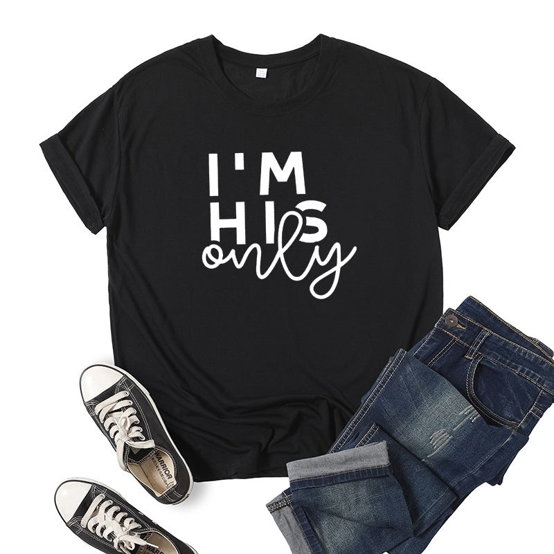 in stock Foreign Trade Cross-border I 'M HER ONE Couple Valentine's Day Printed Short-sleeved Crewneck T-shirt European and American Men and Women