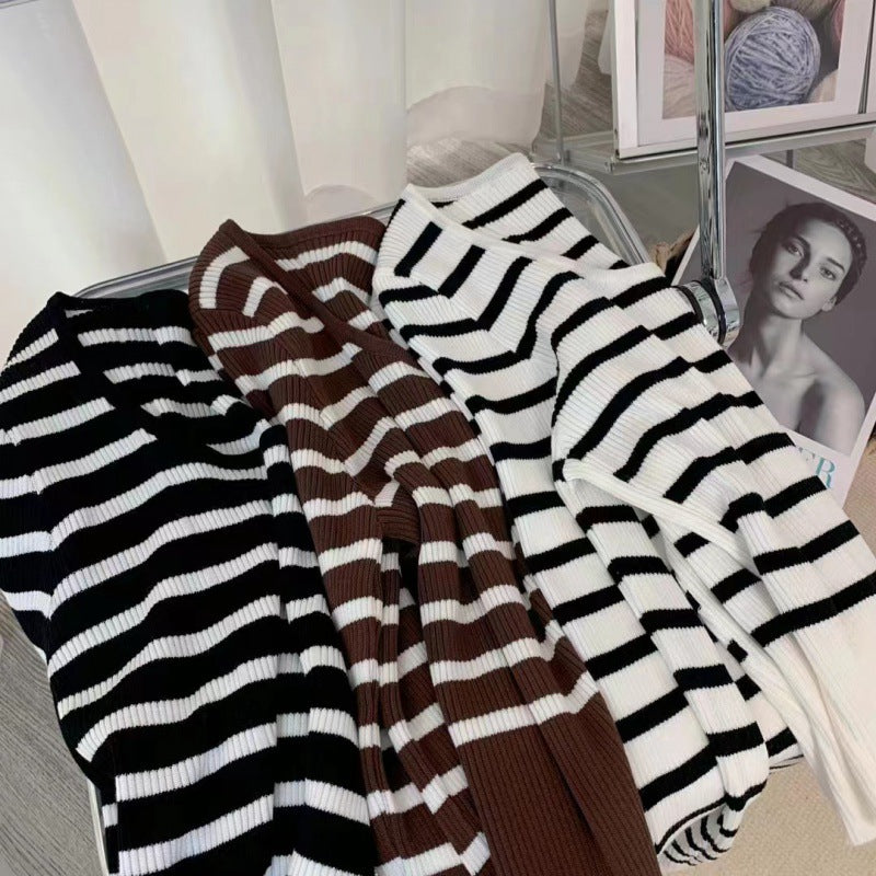 American Style Retro Fashionable Small Waist Sweater Elegant U-Neck Striped Long-Sleeved Slim-Fit Bottoming Sweater for Women