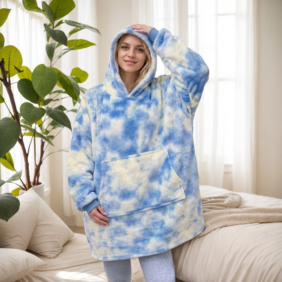 2021 Winter Fleece-Lined Thickened Navy Blue and Dark Gray Zip-Up Lazy Blanket Long-Sleeve Casual Flannel Hoodie