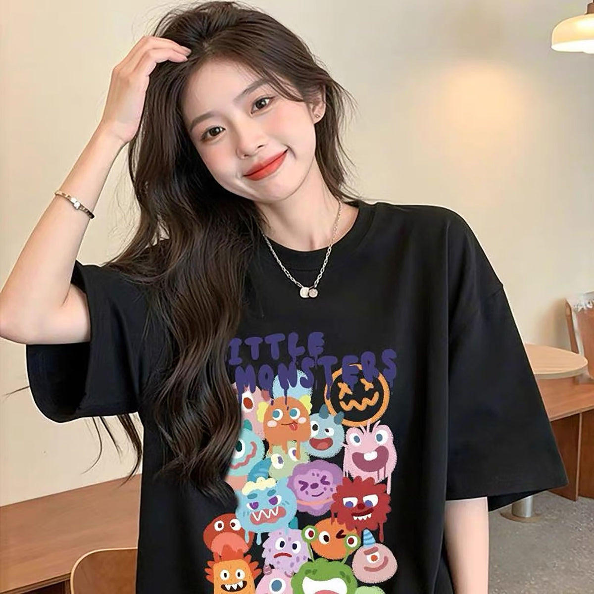 New Summer Short-Sleeved T-Shirt for Women with Printed Cartoon Round Neck Bottoming Shirt Niche Loose Versatile Top Short-Sleeved T-Shirt