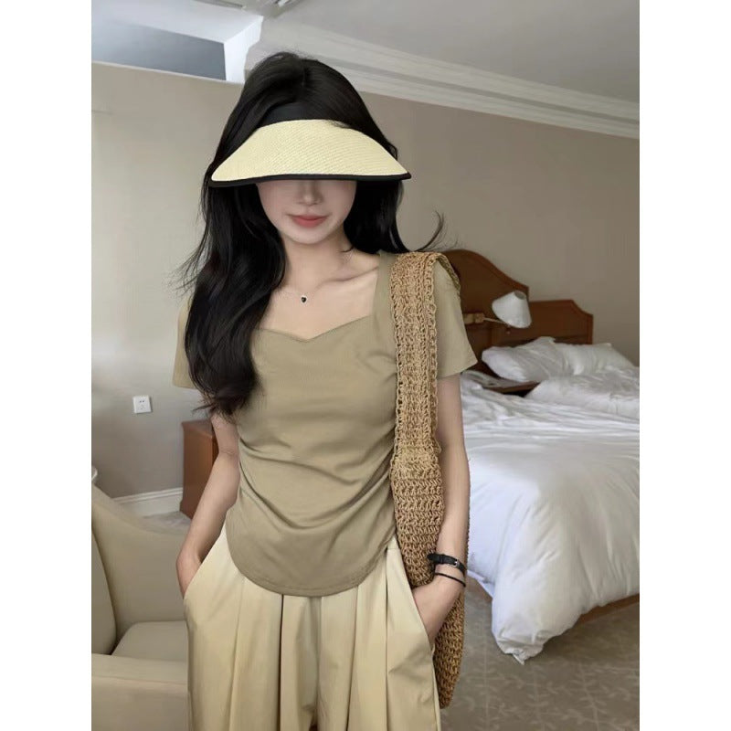 Pleated Slim-Fit Sweetheart Neckline Short-Sleeve T-Shirt for Women, Summer Pure Desire Style, Regular Shoulder, Solid Color, Collarbone Top